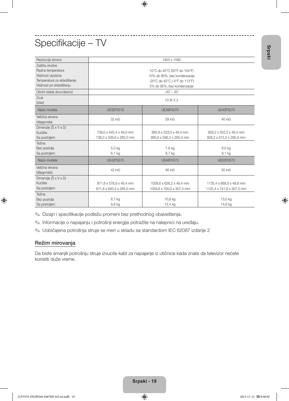 Specifikacije – tv, Režim mirovanja | Samsung UE46F5570SS User Manual | Page 199 / 321