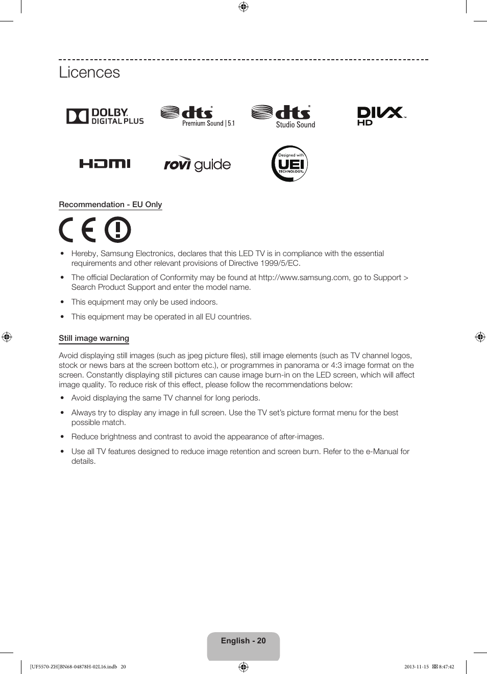 Licences | Samsung UE46F5570SS User Manual | Page 20 / 321