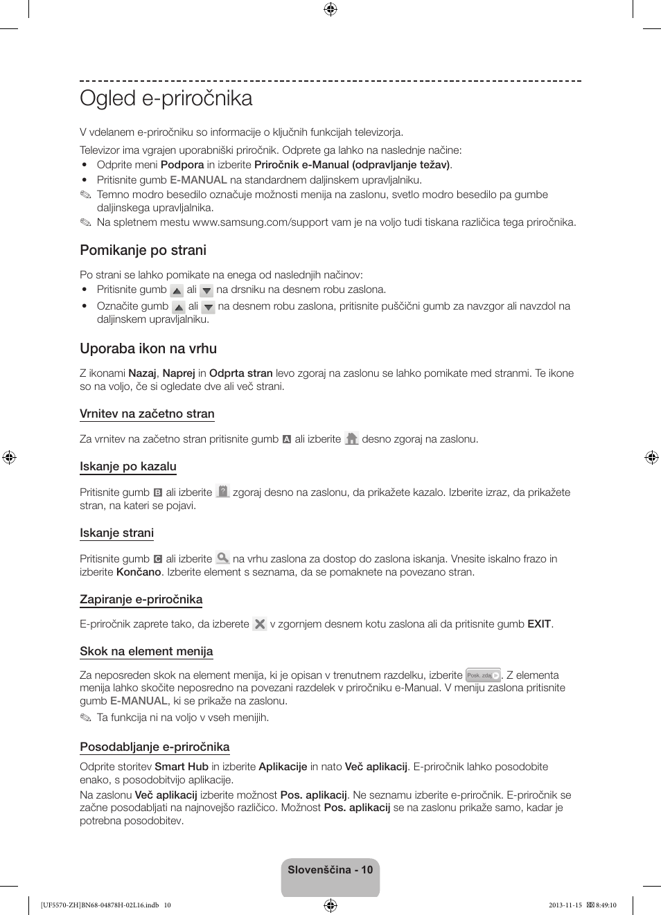 Ogled e-priročnika, Pomikanje po strani, Uporaba ikon na vrhu | Samsung UE46F5570SS User Manual | Page 250 / 321