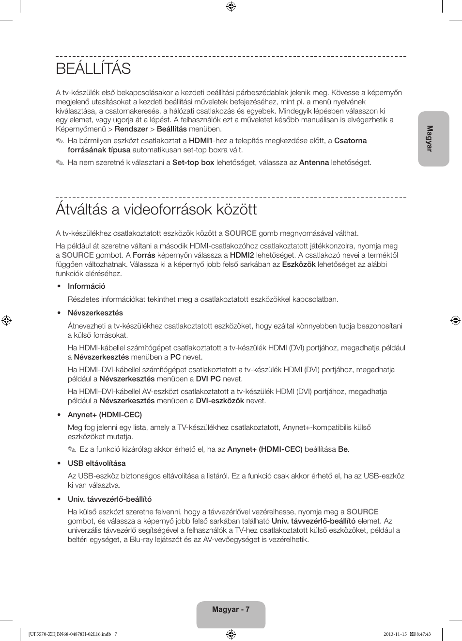 Beállítás, Átváltás a videoforrások között | Samsung UE46F5570SS User Manual | Page 27 / 321