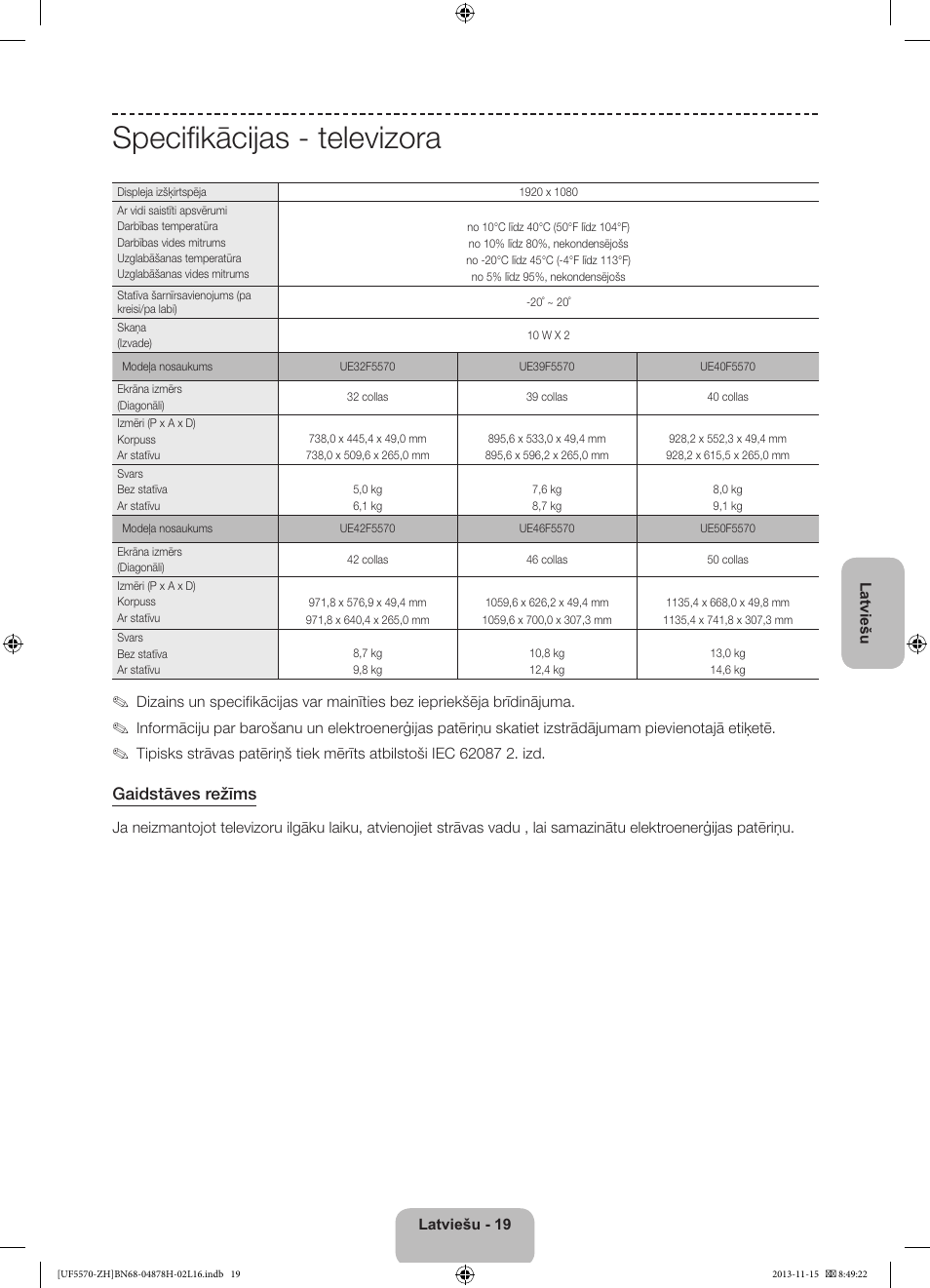 Specifikācijas - televizora, Gaidstāves režīms | Samsung UE46F5570SS User Manual | Page 279 / 321
