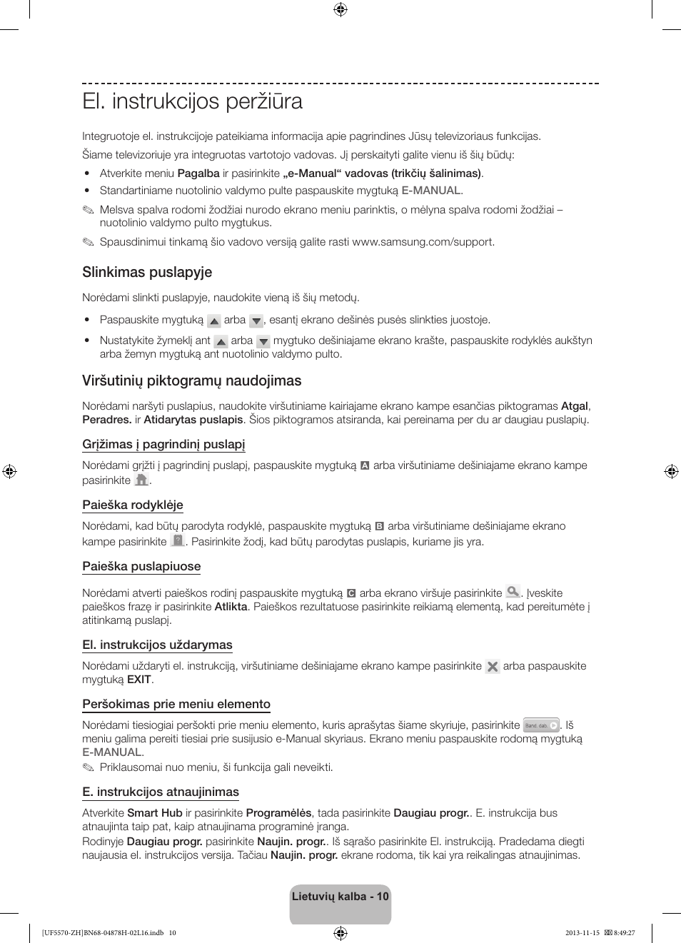 El. instrukcijos peržiūra, Slinkimas puslapyje, Viršutinių piktogramų naudojimas | Samsung UE46F5570SS User Manual | Page 290 / 321