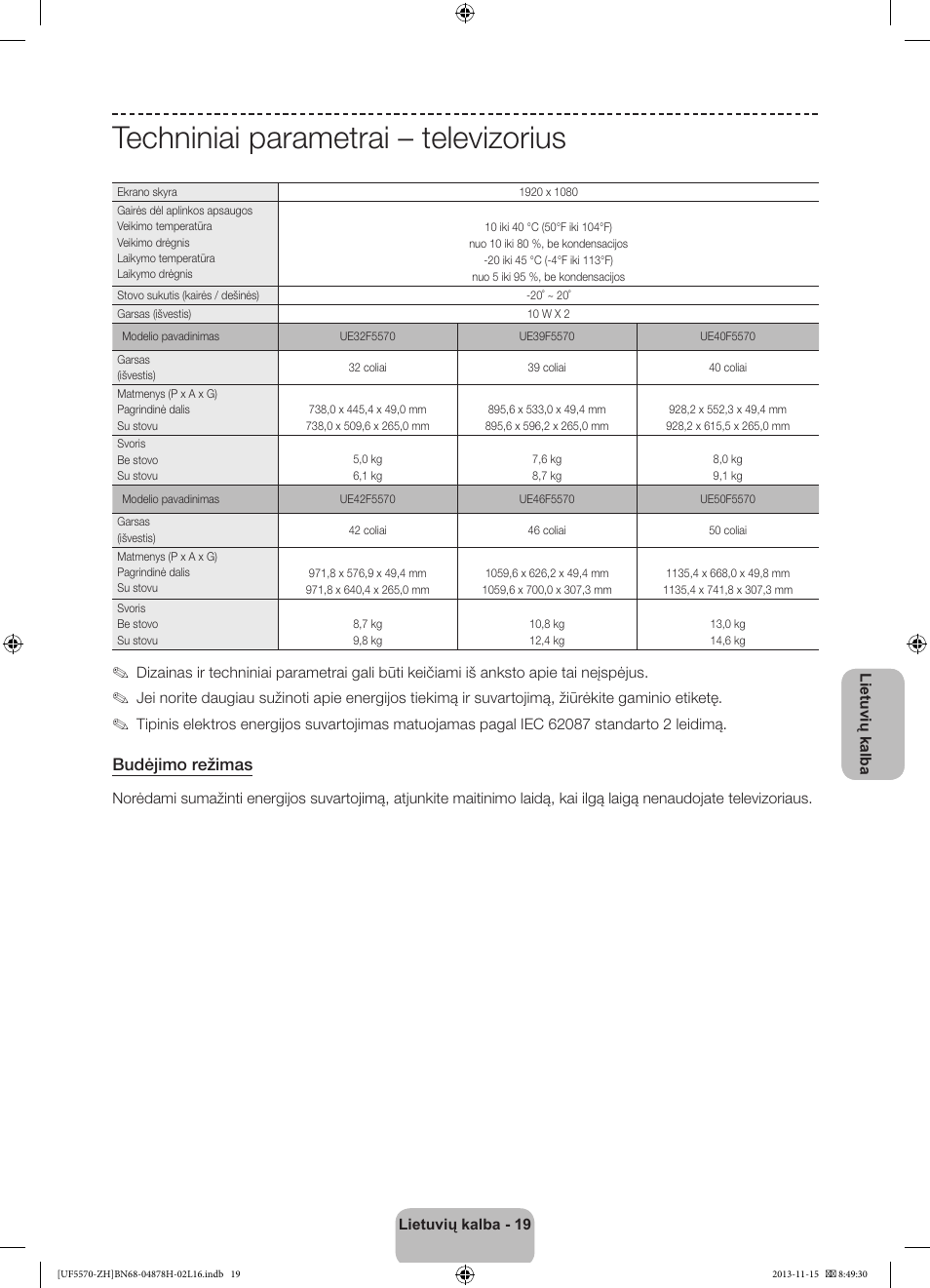 Techniniai parametrai – televizorius, Budėjimo režimas | Samsung UE46F5570SS User Manual | Page 299 / 321