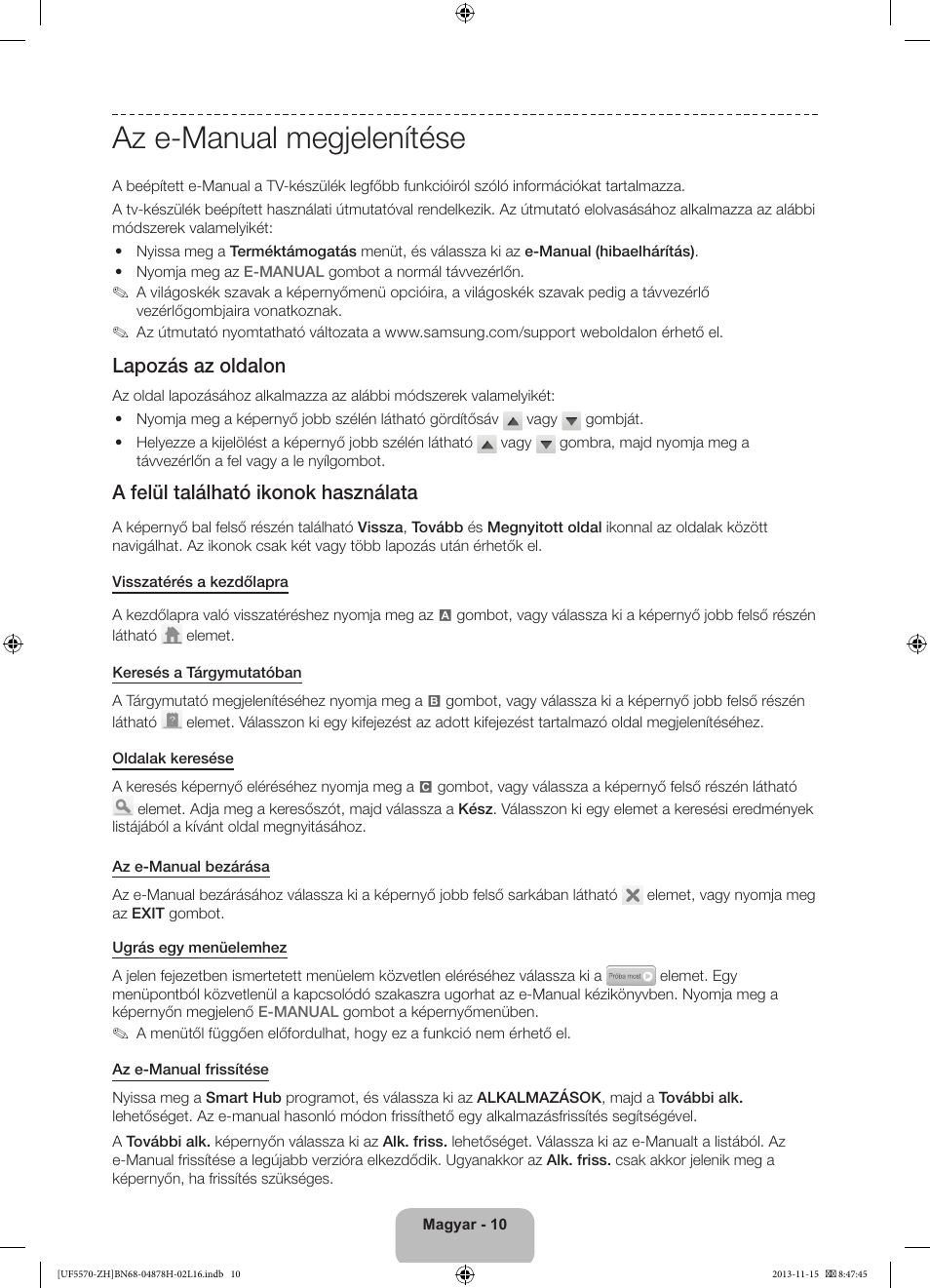 Az e-manual megjelenítése, Lapozás az oldalon, A felül található ikonok használata | Samsung UE46F5570SS User Manual | Page 30 / 321