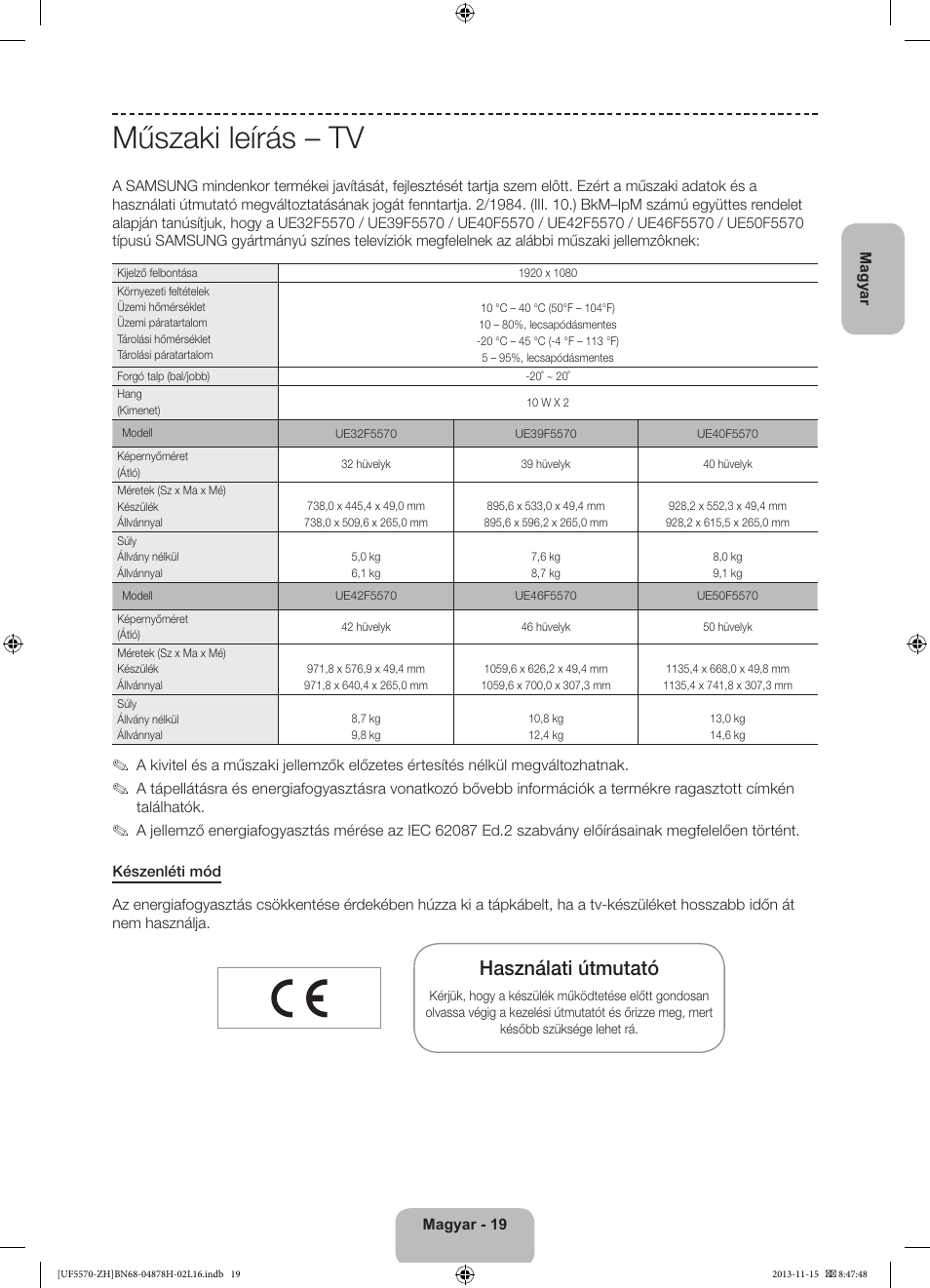 Műszaki leírás – tv, Használati útmutató | Samsung UE46F5570SS User Manual | Page 39 / 321