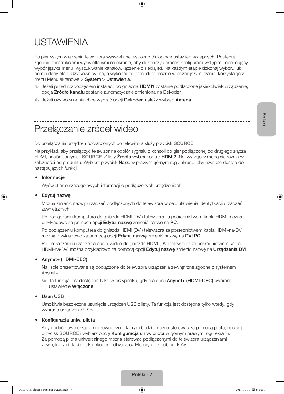 Ustawienia, Przełączanie źródeł wideo | Samsung UE46F5570SS User Manual | Page 47 / 321