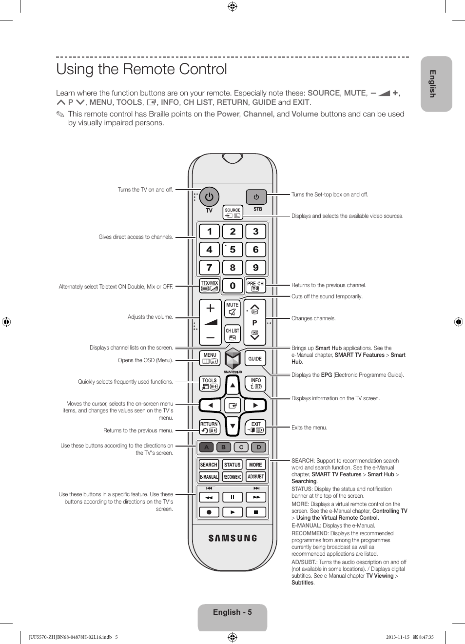 Using the remote control | Samsung UE46F5570SS User Manual | Page 5 / 321