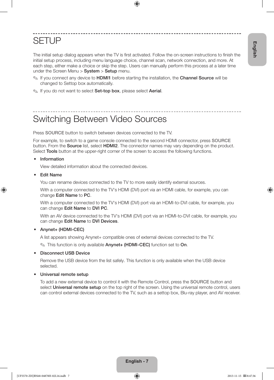Setup, Switching between video sources | Samsung UE46F5570SS User Manual | Page 7 / 321
