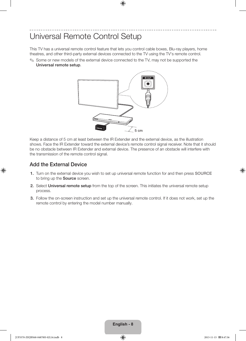 Universal remote control setup, Add the external device | Samsung UE46F5570SS User Manual | Page 8 / 321