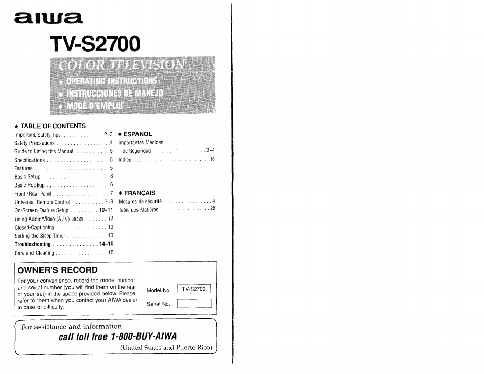 Aiwa TV-S2700 User Manual | 40 pages