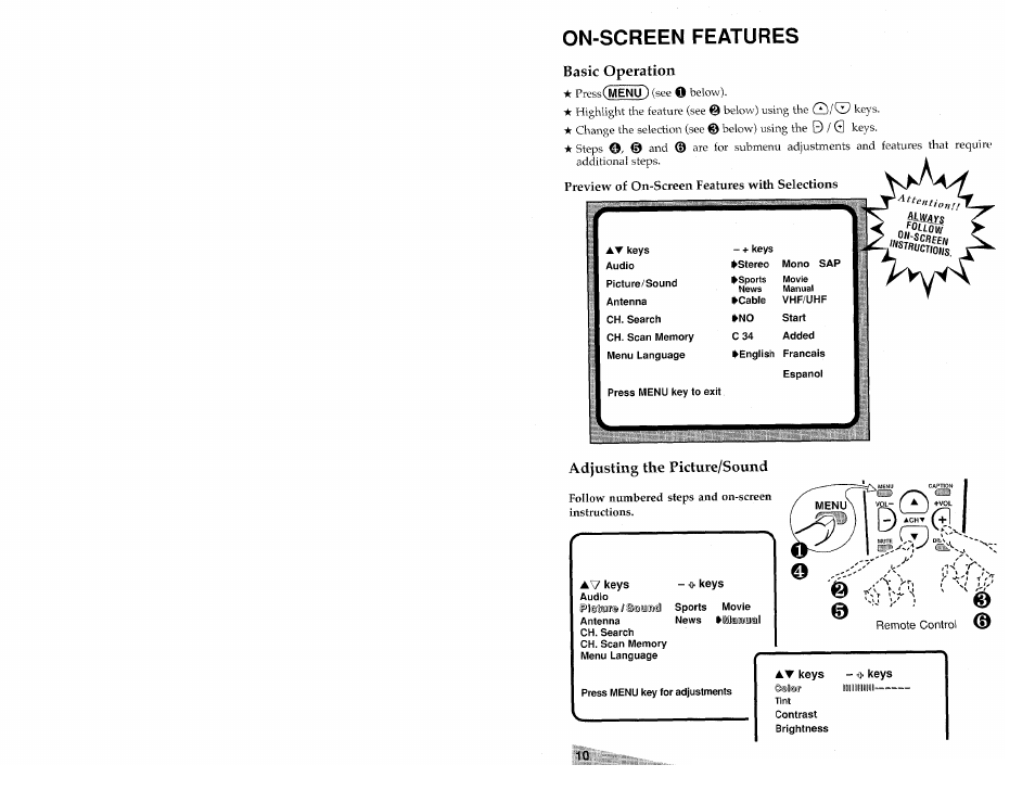 On-screen features, On-screen feature setup -11, Basic operation | Adjusting the picture/sound, Preview of on-screen features with selections | Aiwa TV-S2700 User Manual | Page 10 / 40