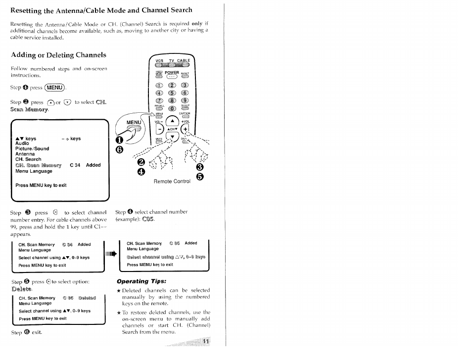 Adding or deleting channels, Scam m®m©itj, Operating tips | Aiwa TV-S2700 User Manual | Page 11 / 40