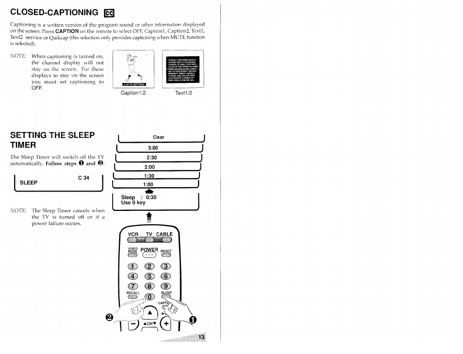 Closed-captioning, I ting the sleep timer, Setting the sleep timer | Fh p, Cd c, Rg-i | Aiwa TV-S2700 User Manual | Page 13 / 40