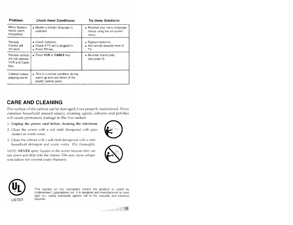 Care and cleaning, Listed | Aiwa TV-S2700 User Manual | Page 15 / 40