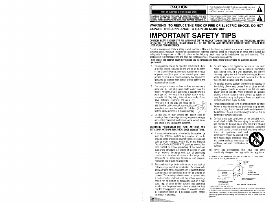 Important safety tips, Caution | Aiwa TV-S2700 User Manual | Page 2 / 40