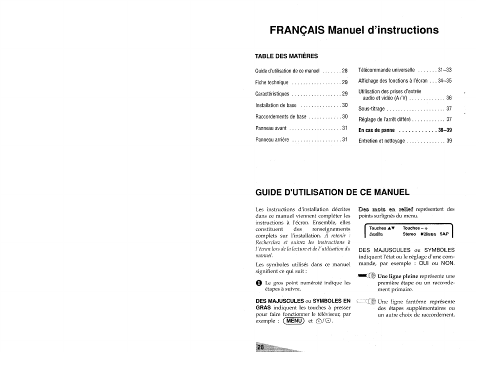 Français manuel d’instructions, Guide d'utilisation de ce manuel, Table des matieres | Des majuscules ou symboles | Aiwa TV-S2700 User Manual | Page 28 / 40