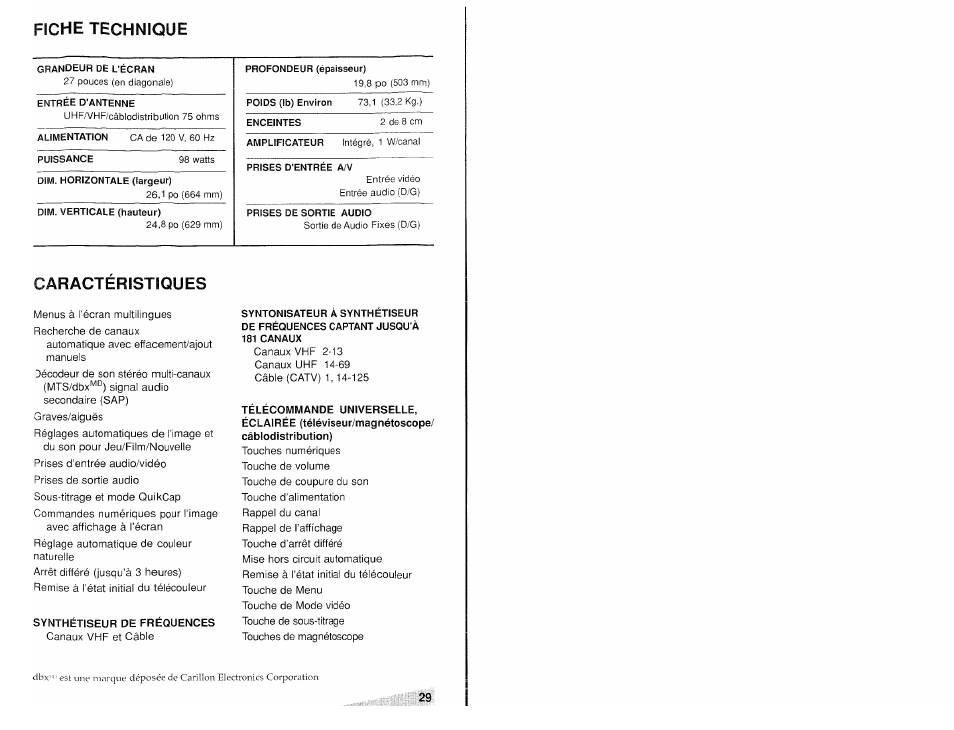 Fiche technique, Caracteristiques | Aiwa TV-S2700 User Manual | Page 29 / 40