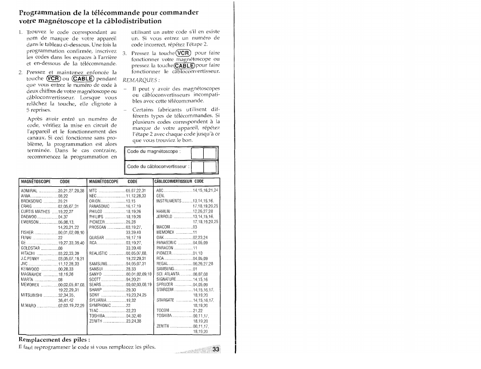 Remplacement des piles | Aiwa TV-S2700 User Manual | Page 33 / 40