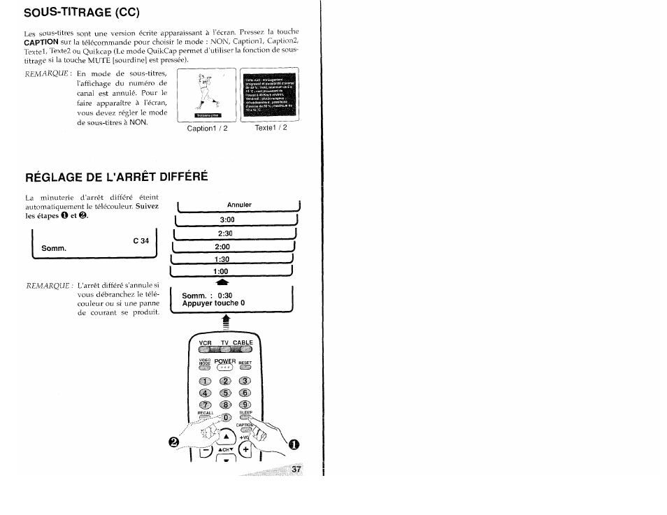 Sous-titrage (cc), Réglage de l'arrêt différé, D (d cd cd cd cd cd cd cd | Aiwa TV-S2700 User Manual | Page 37 / 40