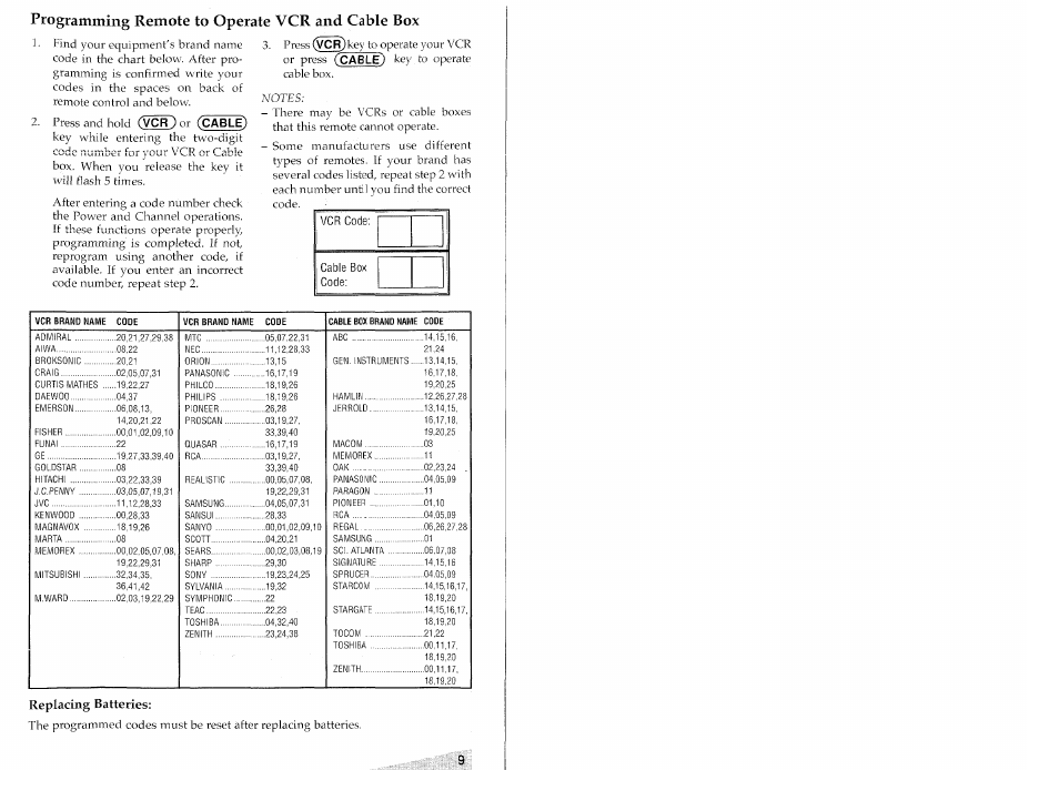 Programming remote to operate vcr and cable box, Cvcr, Cable) | Aiwa TV-S2700 User Manual | Page 9 / 40