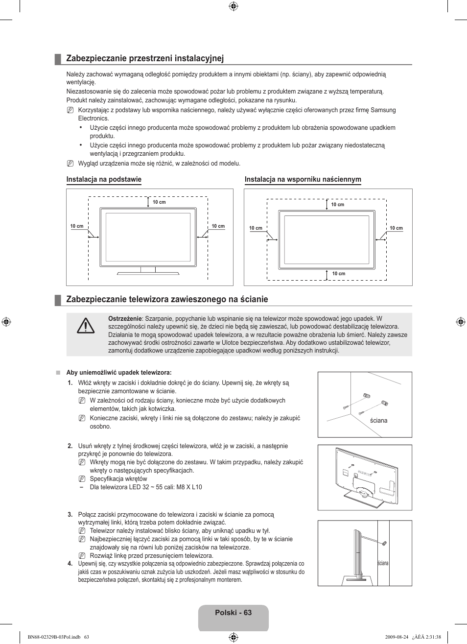 Zabezpieczanie przestrzeni instalacyjnej, Zabezpieczanie telewizora zawieszonego na ścianie | Samsung UE32B7020WW User Manual | Page 215 / 702