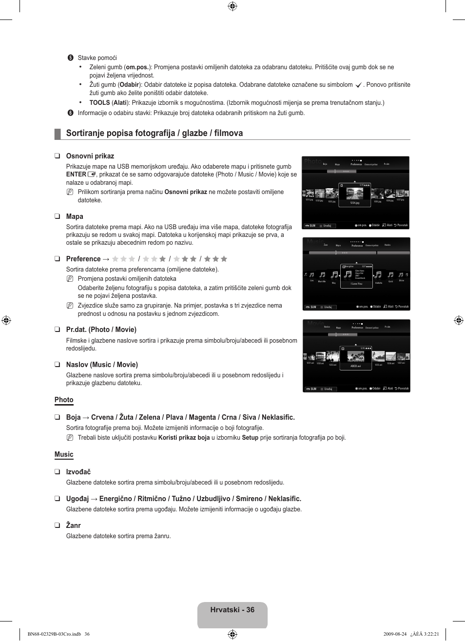 Sortiranje popisa fotografija / glazbe / filmova, Hrvatski - 36, Osnovni prikaz | Mapa, Preference → fff / ff f / f ff / fff, Pr.dat. (photo / movie), Naslov (music / movie), Music izvođač, Žanr | Samsung UE32B7020WW User Manual | Page 392 / 702