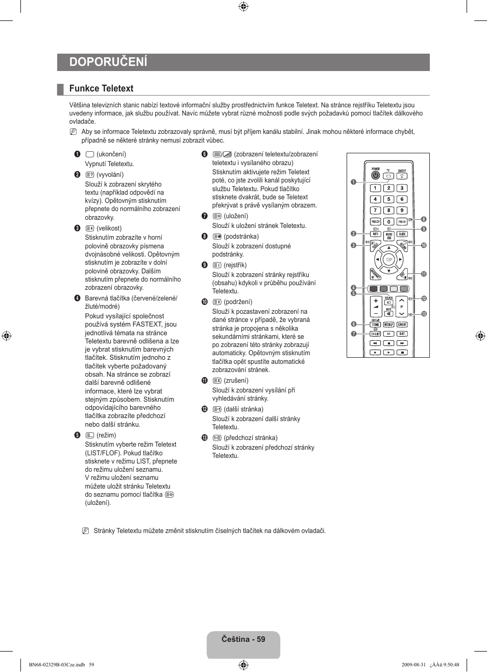 Doporučení, Funkce teletext | Samsung UE32B7020WW User Manual | Page 483 / 702