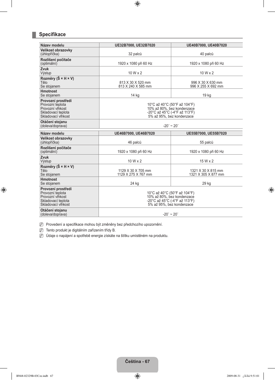 Specifikace | Samsung UE32B7020WW User Manual | Page 491 / 702