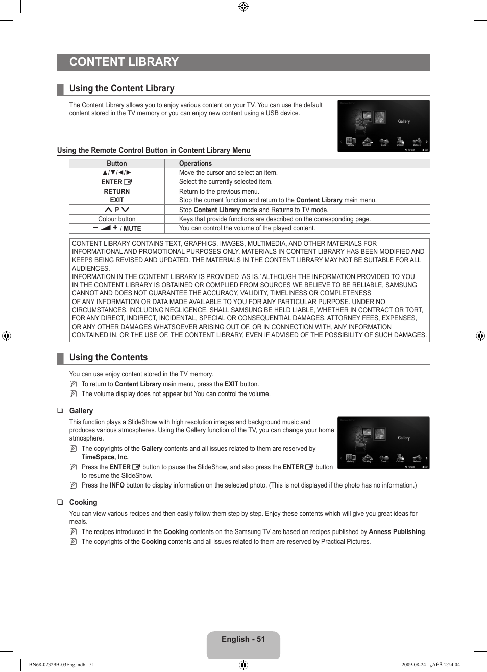 Content library, Using the content library, Using the contents | Samsung UE32B7020WW User Manual | Page 53 / 702