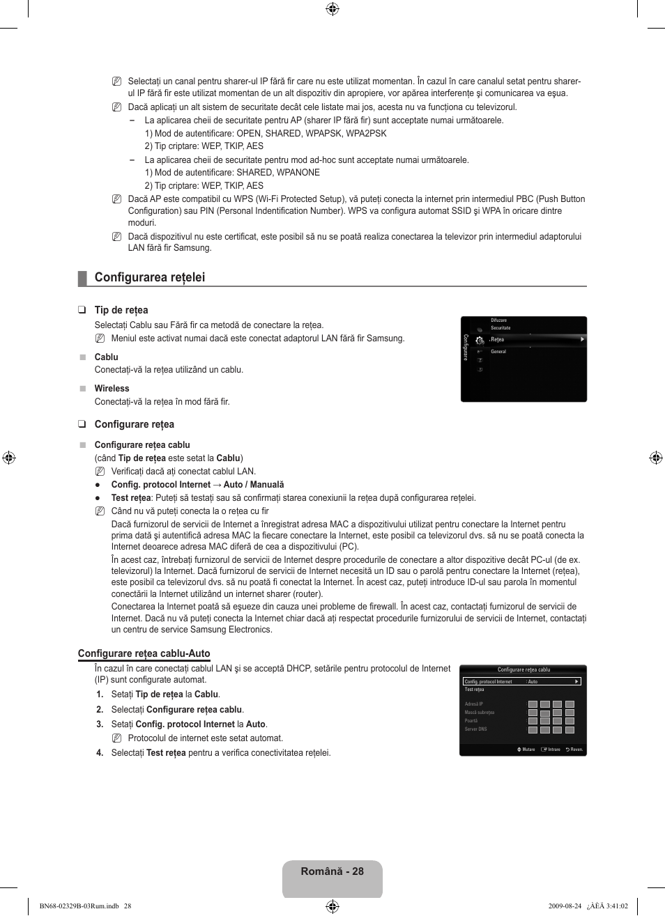 Configurarea reţelei, Română, Tip de reţea | Configurare reţea, Configurare reţea cablu-auto | Samsung UE32B7020WW User Manual | Page 588 / 702