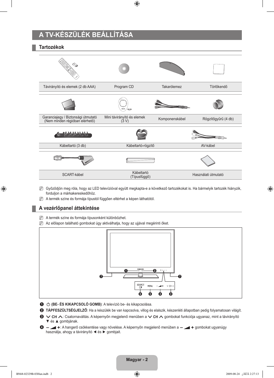 A tv-készülék beállítása, Tartozékok, A vezérlőpanel áttekintése | Samsung UE32B7020WW User Manual | Page 86 / 702