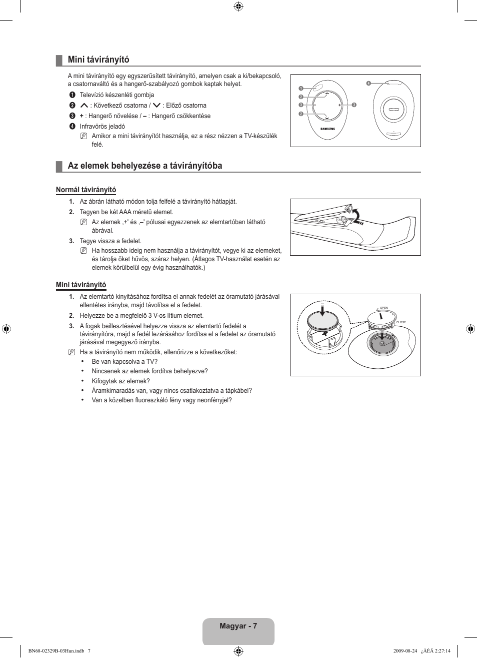 Mini távirányító, Az elemek behelyezése a távirányítóba | Samsung UE32B7020WW User Manual | Page 91 / 702