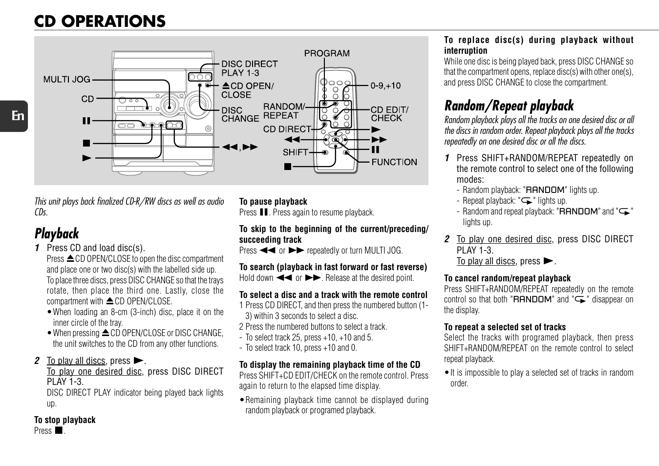 Cd operations, Playback, Random/repeat playback | 10 en | Aiwa NSX-D60 User Manual | Page 10 / 22
