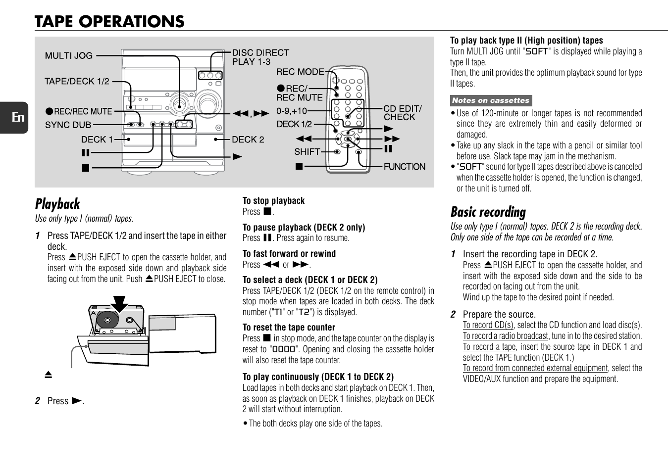 Tape operations, Playback, Basic recording | 14 en | Aiwa NSX-D60 User Manual | Page 14 / 22