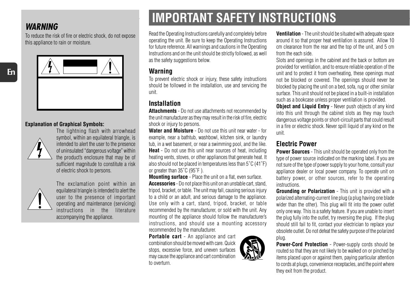 Important safety instructions, Warning, Installation | Electric power | Aiwa NSX-D60 User Manual | Page 2 / 22
