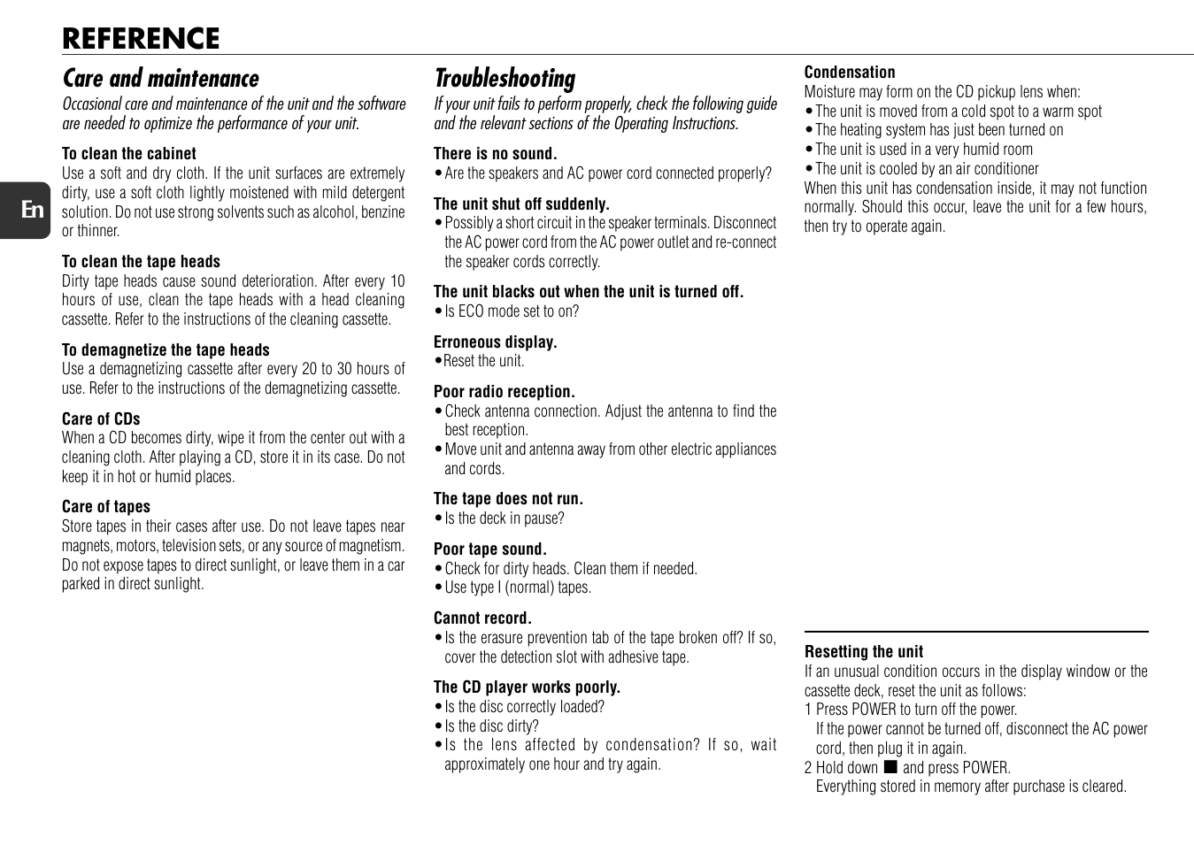 Reference, Care and maintenance, Troubleshooting | 20 en | Aiwa NSX-D60 User Manual | Page 20 / 22