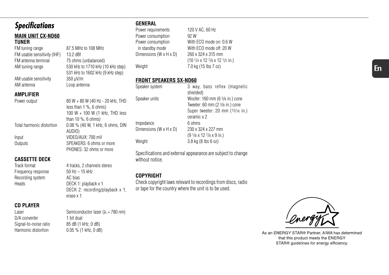 Specifications, 21 en | Aiwa NSX-D60 User Manual | Page 21 / 22
