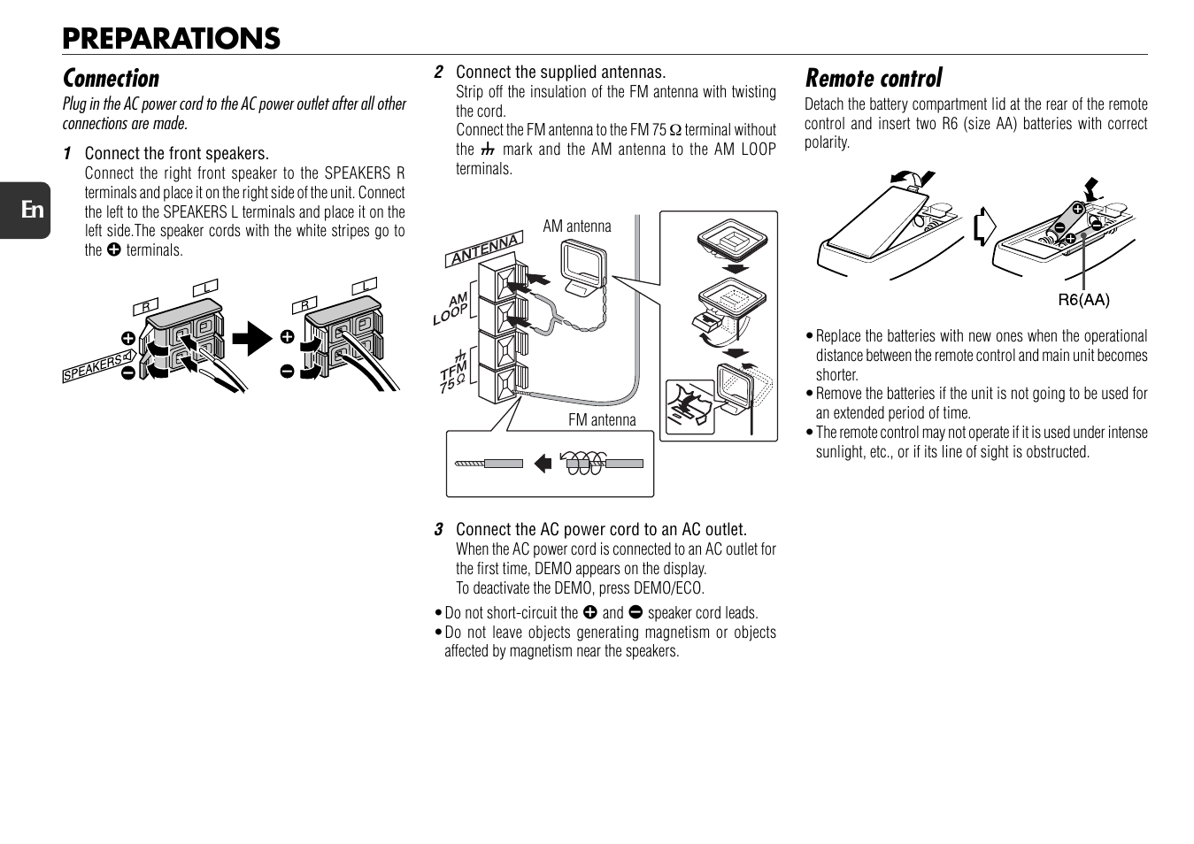 Preparations, Connection, Remote control | Aiwa NSX-D60 User Manual | Page 4 / 22