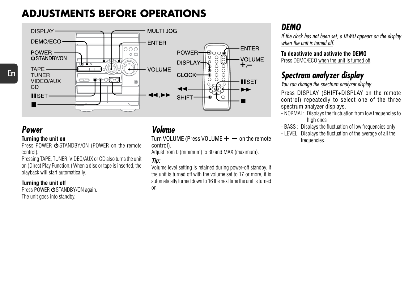 Adjustments before operations, Power, Demo | Spectrum analyzer display, Volume | Aiwa NSX-D60 User Manual | Page 8 / 22
