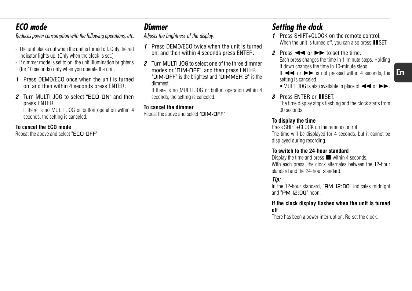 Dimmer, Setting the clock, Eco mode | Aiwa NSX-D60 User Manual | Page 9 / 22