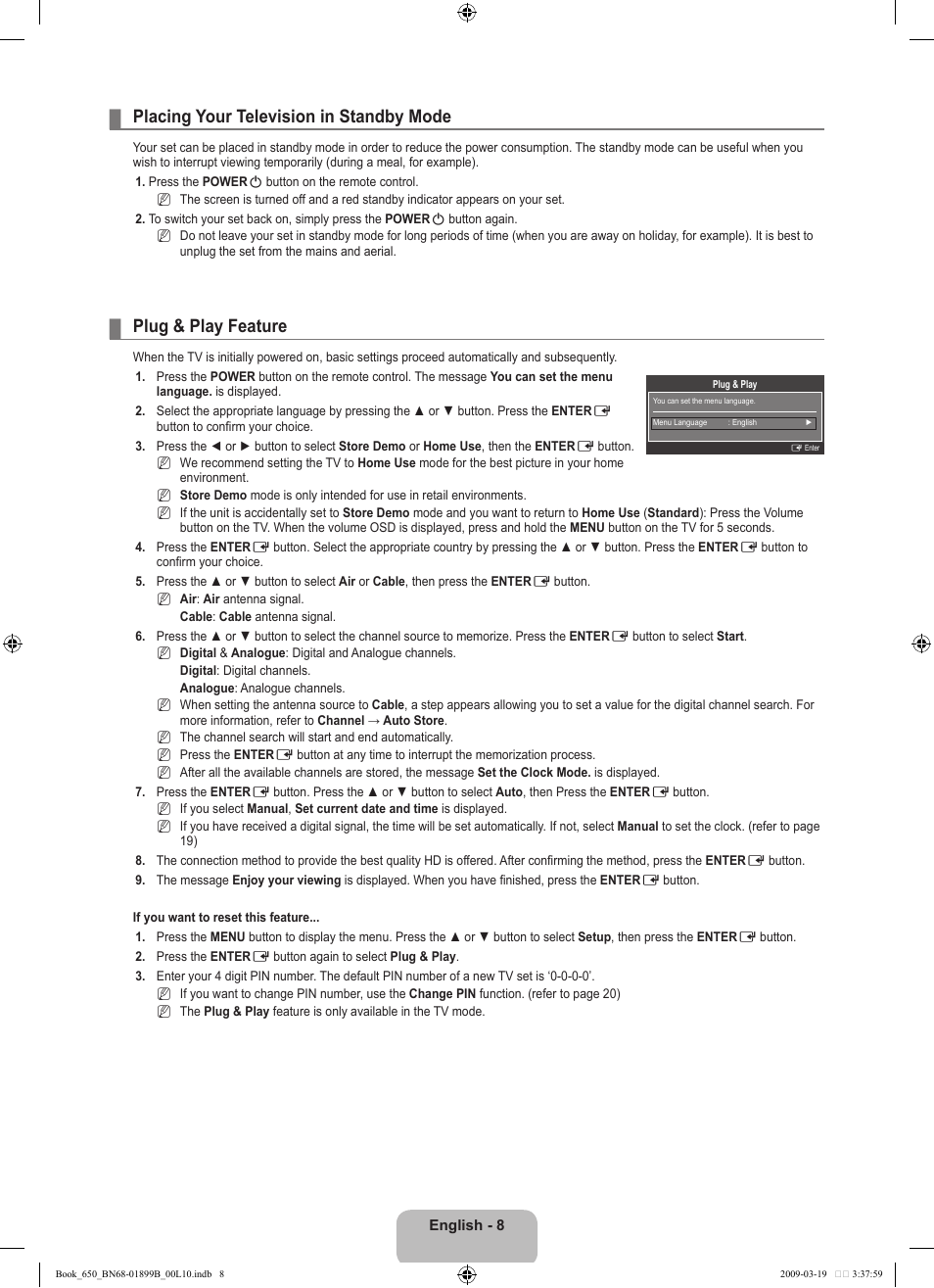Placing your television in standby mode, Plug & play feature | Samsung LE22B650T6W User Manual | Page 10 / 288