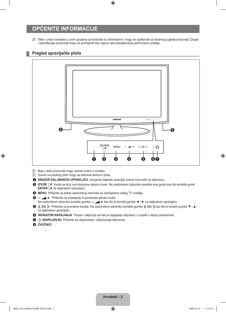 Općenite informacije, Pregled upravljačke ploče | Samsung LE22B650T6W User Manual | Page 144 / 288