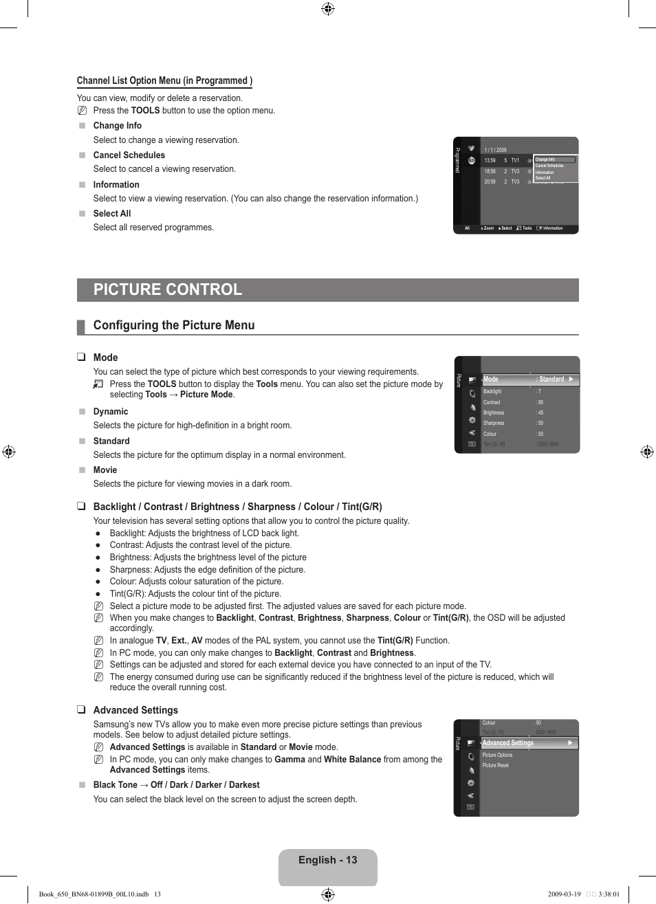 Picture control, Configuring the picture menu, Mode | Advanced settings | Samsung LE22B650T6W User Manual | Page 15 / 288