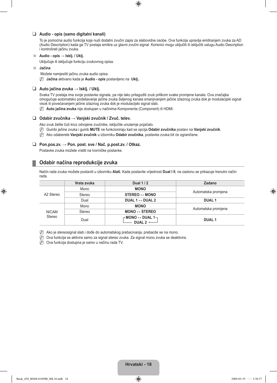 Odabir načina reprodukcije zvuka | Samsung LE22B650T6W User Manual | Page 160 / 288