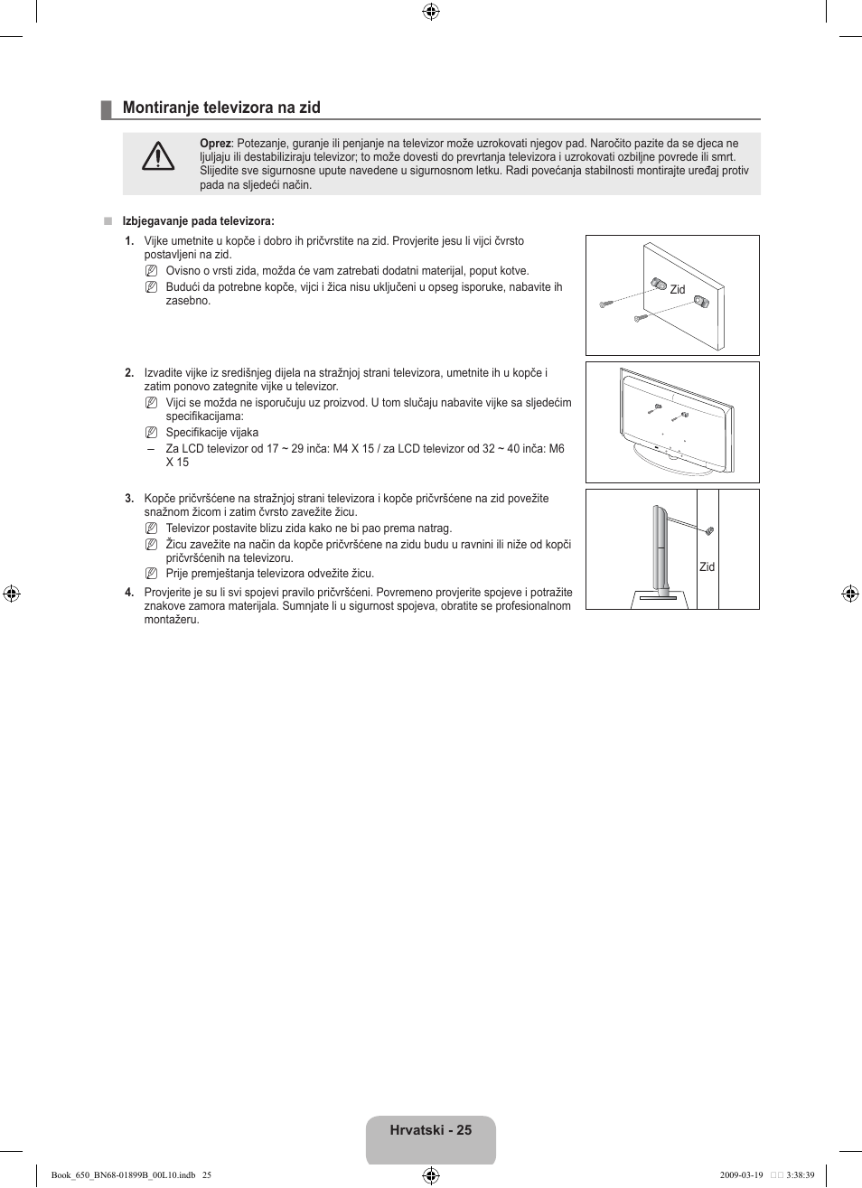 Montiranje televizora na zid | Samsung LE22B650T6W User Manual | Page 167 / 288