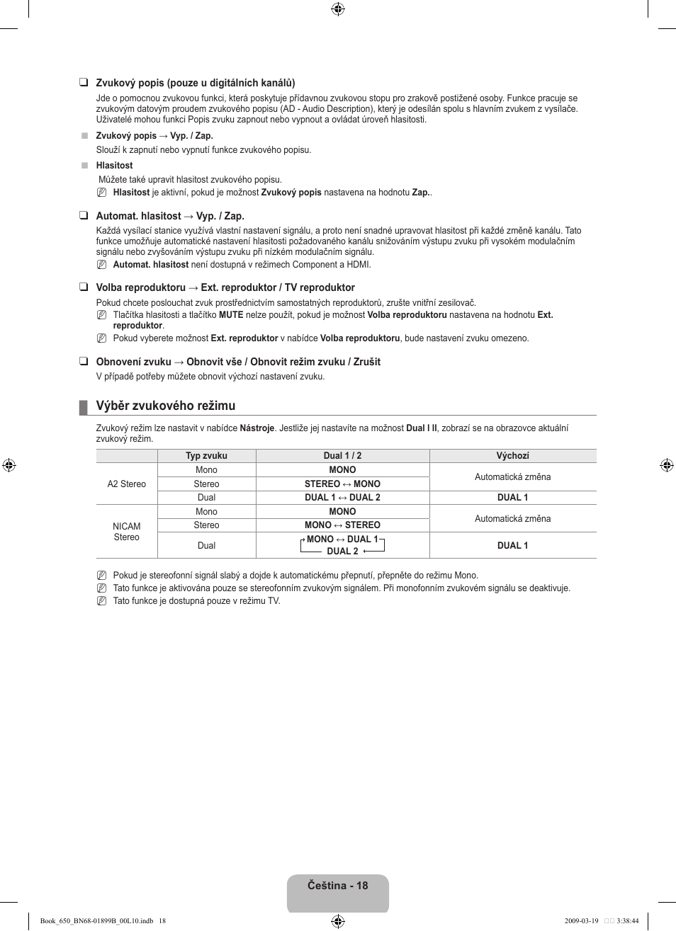 Výběr zvukového režimu | Samsung LE22B650T6W User Manual | Page 188 / 288