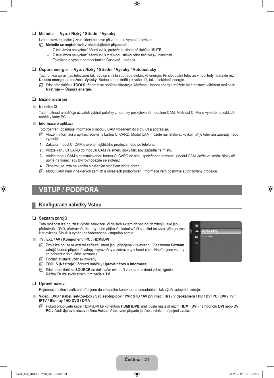 Vstup / podpora, Konfigurace nabídky vstup | Samsung LE22B650T6W User Manual | Page 191 / 288