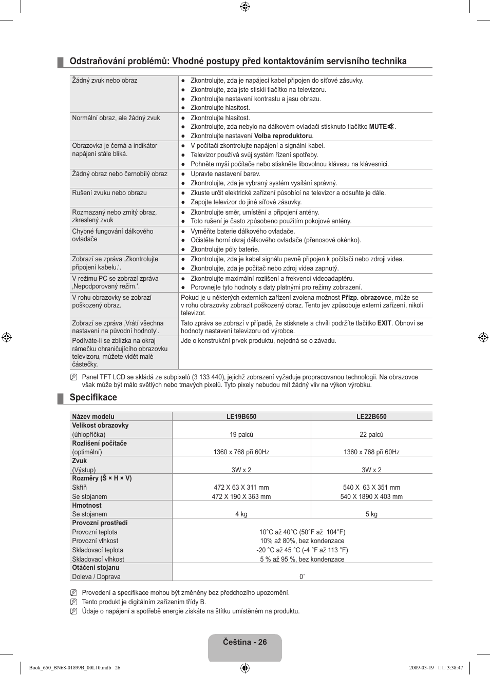 Specifikace | Samsung LE22B650T6W User Manual | Page 196 / 288