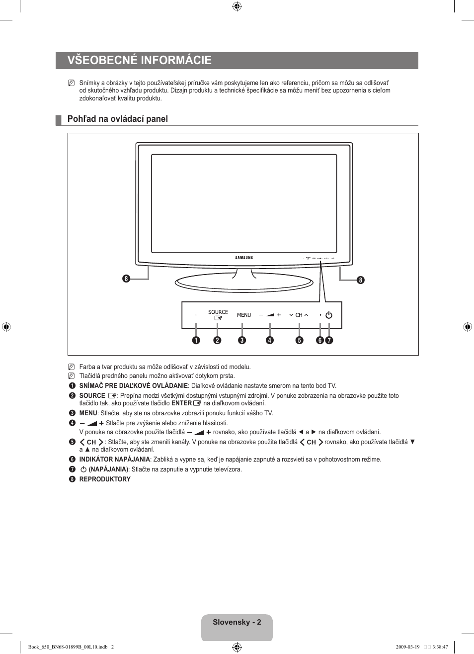 Všeobecné informácie, Pohľad na ovládací panel | Samsung LE22B650T6W User Manual | Page 200 / 288
