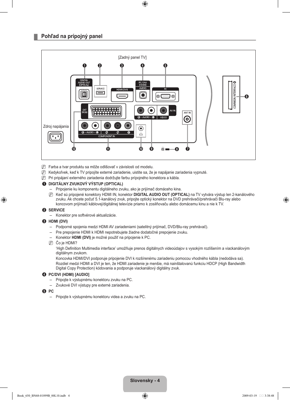 Pohľad na prípojný panel | Samsung LE22B650T6W User Manual | Page 202 / 288